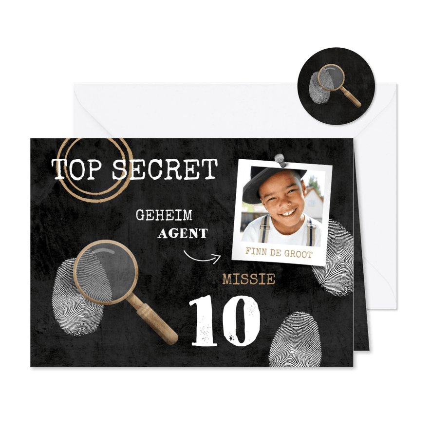 Kinderfeestje uitnodiging top secret detective feestje - Kaartimpressie
