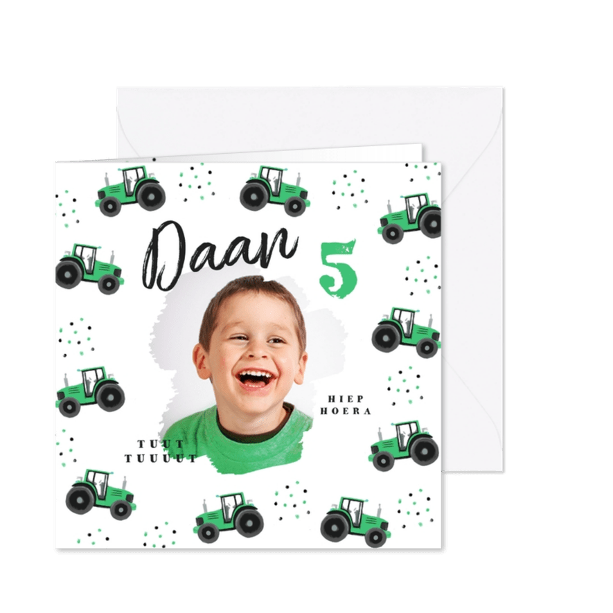 Kinderfeestje uitnodiging tractor hip confetti foto groen - Kaartimpressie