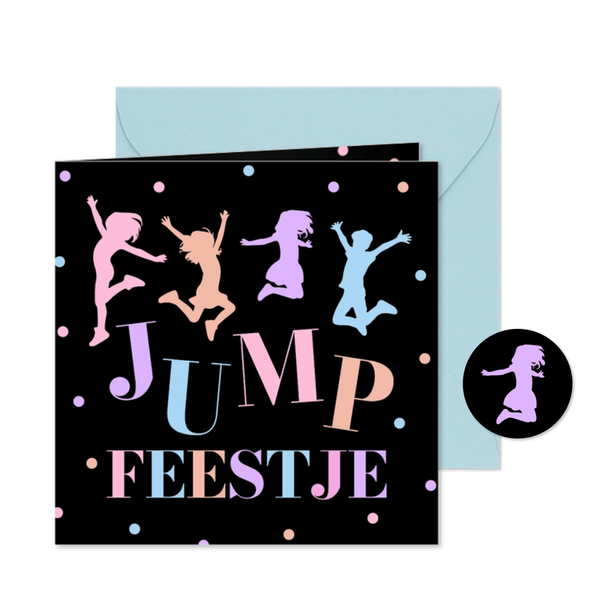 Kinderfeestje uitnodiging trampoline springen zwart - Kaartimpressie