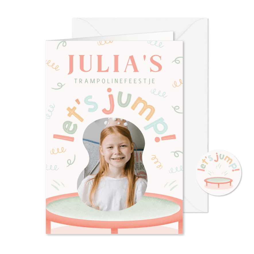 Kinderfeestje uitnodiging trampolinefeestje pastel - Kaartimpressie