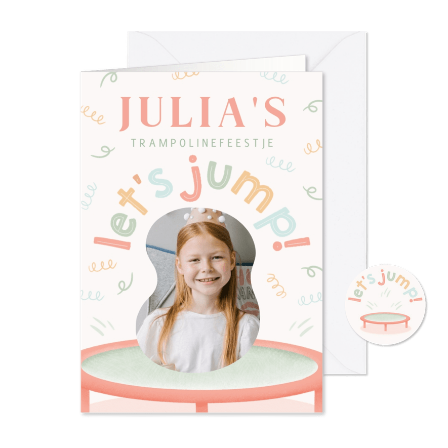 Kinderfeestje uitnodiging trampolinefeestje pastel - Kaartimpressie