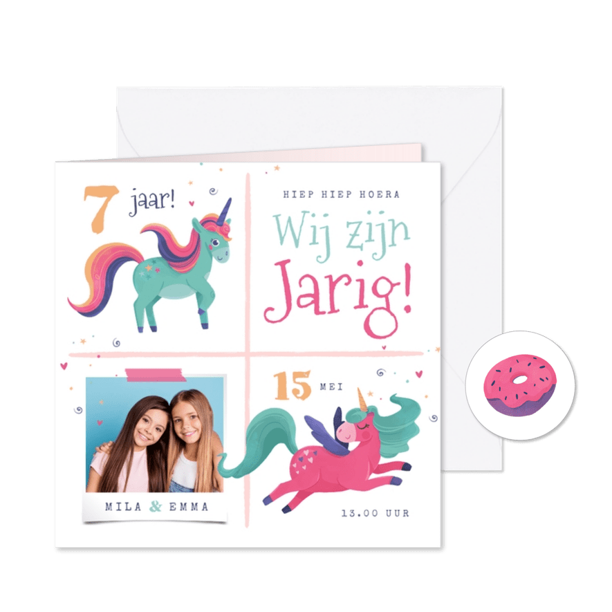 Kinderfeestje uitnodiging tweeling eenhoorns snoep confetti - Kaartimpressie