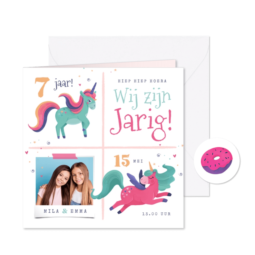 Kinderfeestje uitnodiging tweeling eenhoorns snoep confetti - Kaartimpressie