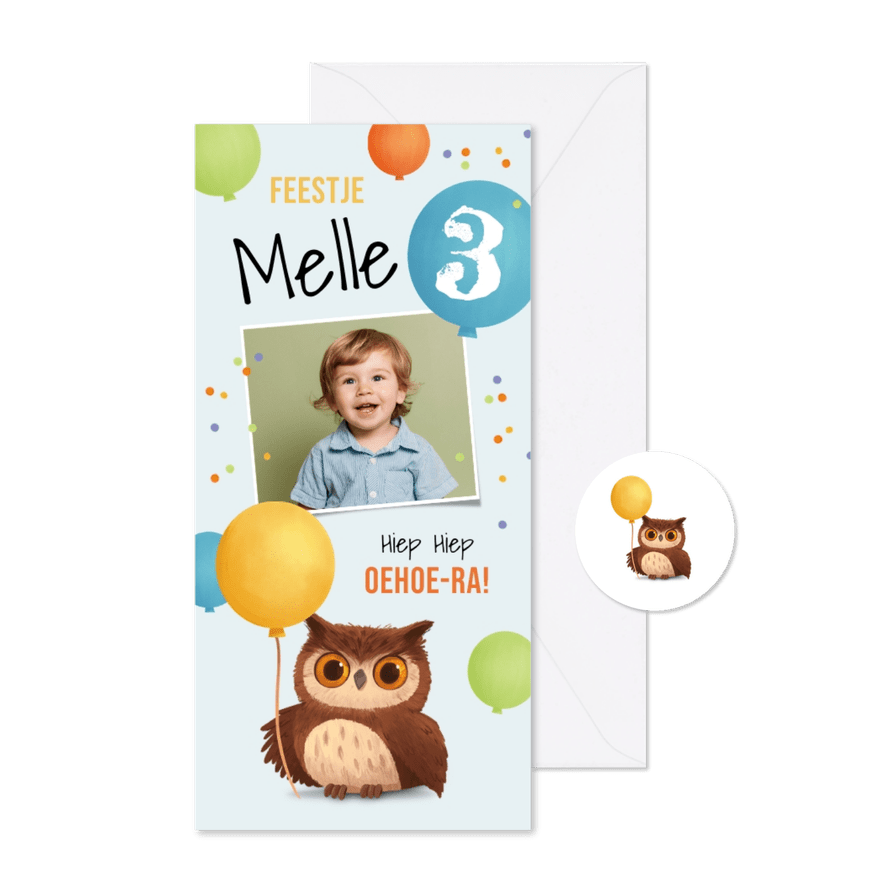 Kinderfeestje uitnodiging uiltje oehoe ballonnen confetti - Kaartimpressie