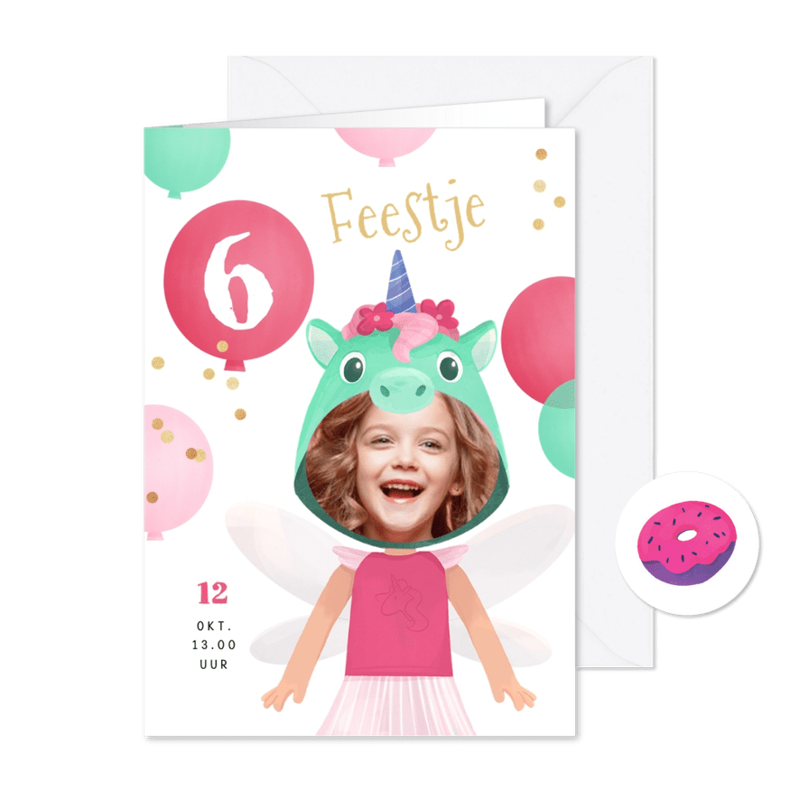 Kinderfeestje uitnodiging unicorn eenhoon ballonnen confetti - Kaartimpressie