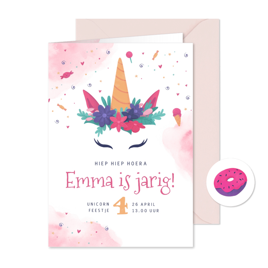 Kinderfeestje uitnodiging unicorn eenhoorn waterverf snoep - Kaartimpressie