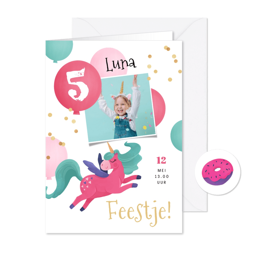 Kinderfeestje uitnodiging unicorn feestje ballonnen confetti - Kaartimpressie