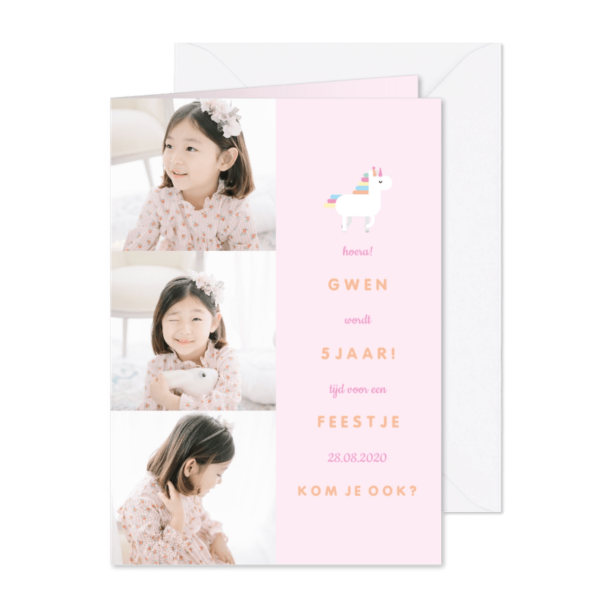Kinderfeestje uitnodiging unicorn met 3 foto's - Kaartimpressie