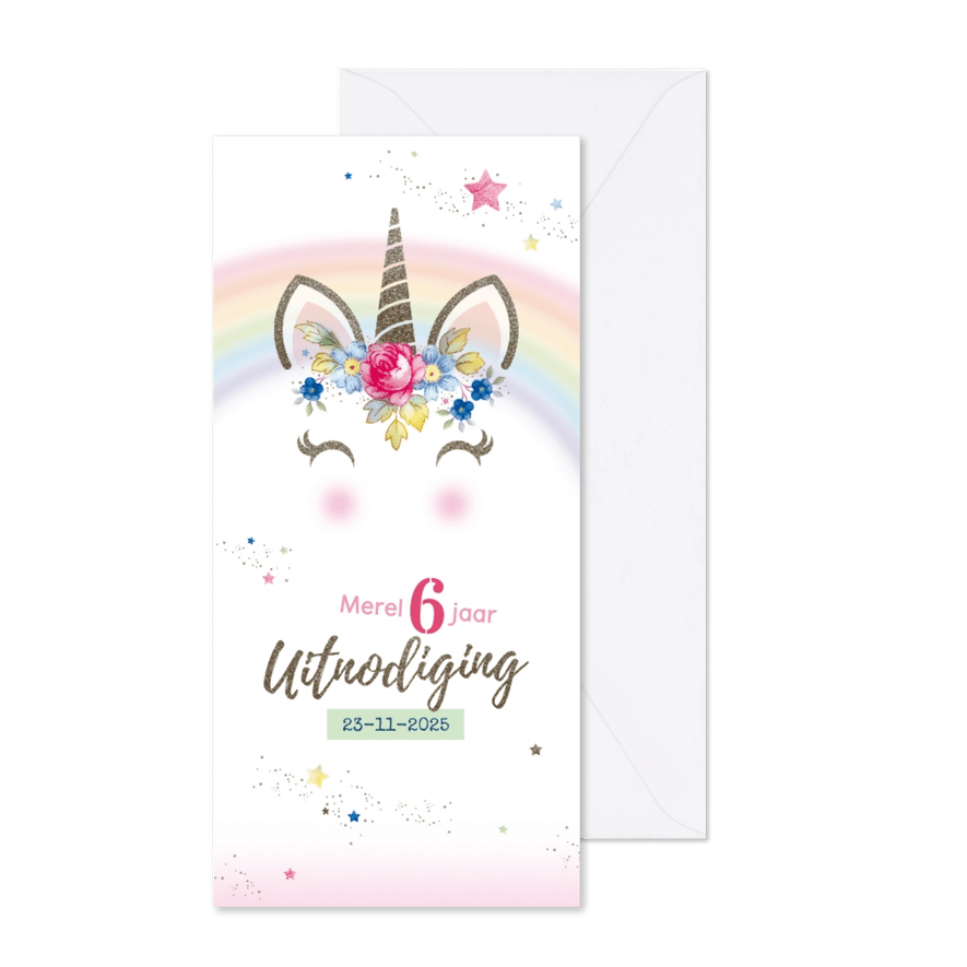 Kinderfeestje uitnodiging unicorn met bloemen en sterren - Kaartimpressie