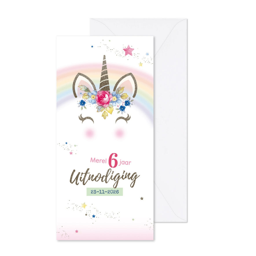Kinderfeestje uitnodiging unicorn met bloemen en sterren - Kaartimpressie
