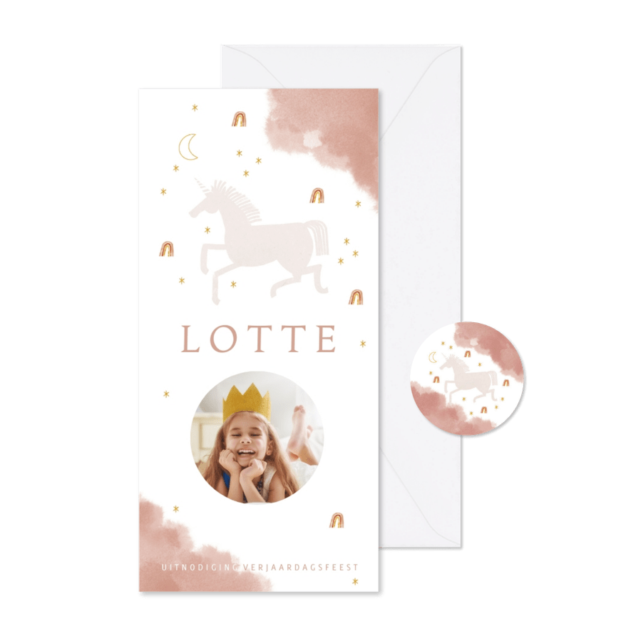 Kinderfeestje uitnodiging unicorn met roze waterverf - Kaartimpressie