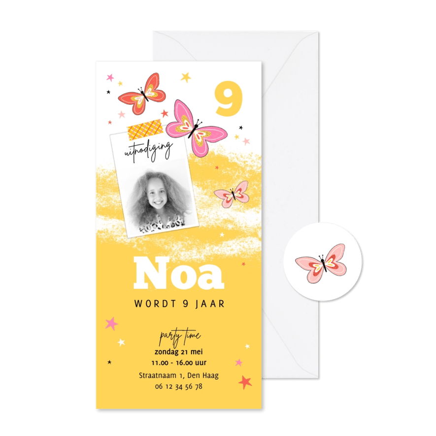 Kinderfeestje uitnodiging vlinders geel rood lichtroze - Kaartimpressie