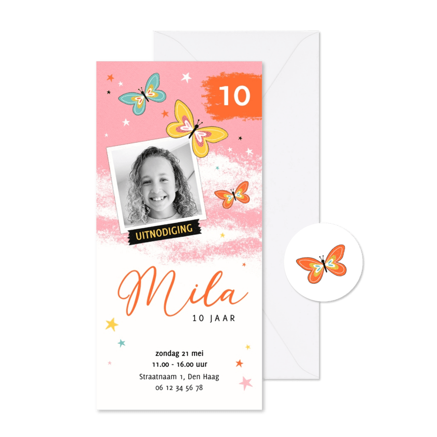 Kinderfeestje uitnodiging vlinders roze geel oranje - Kaartimpressie