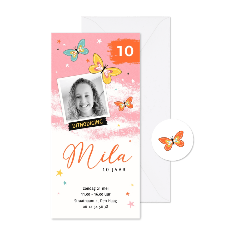 Kinderfeestje uitnodiging vlinders roze geel oranje - Kaartimpressie