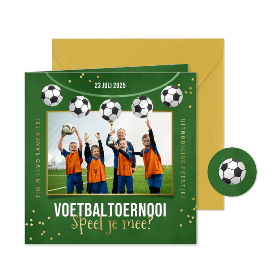 Kinderfeestje uitnodiging voetbaltoernooi confetti foto - Kaartimpressie