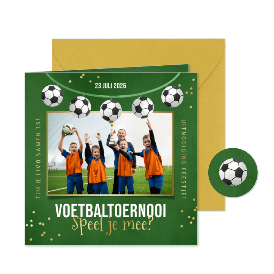 Kinderfeestje uitnodiging voetbaltoernooi confetti foto - Kaartimpressie