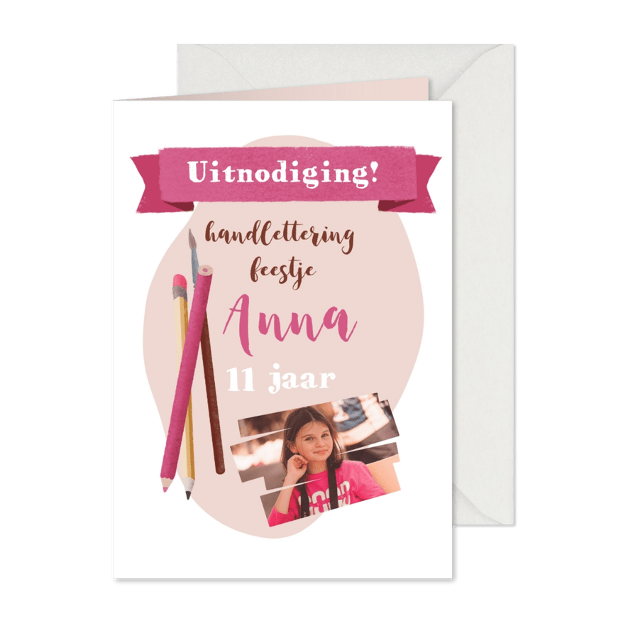 Kinderfeestje uitnodiging voor creatief handlettering party - Kaartimpressie