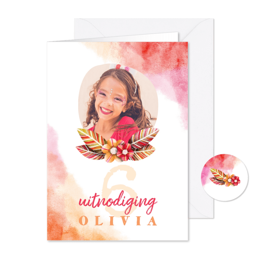 Kinderfeestje uitnodiging waterverf foto met bloemen - Kaartimpressie
