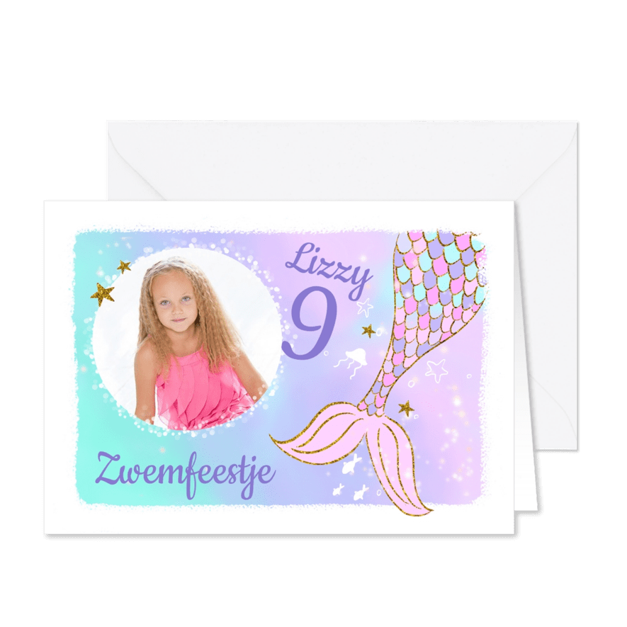 Kinderfeestje uitnodiging zeemeermin glitterlook foto - Kaartimpressie