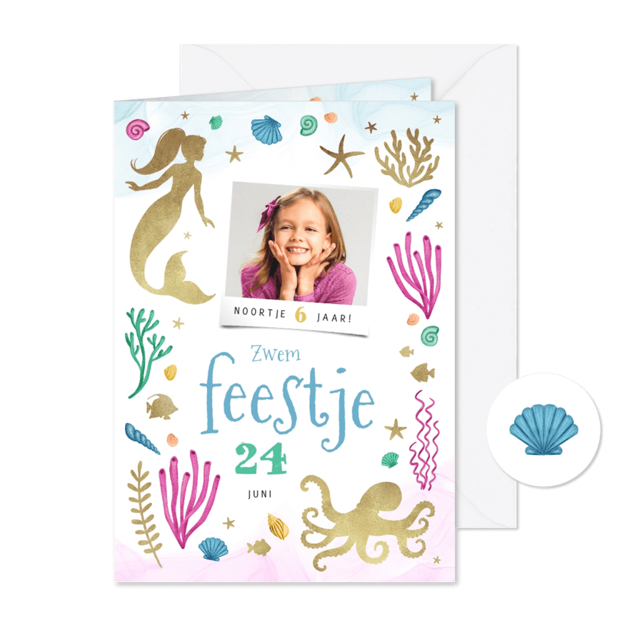 Kinderfeestje uitnodiging zeemeermin onderwater dieren zwem - Kaartimpressie