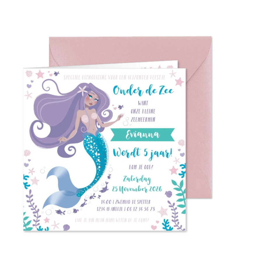 Kinderfeestje uitnodiging zeemeermin prinsessen zwemmen - Kaartimpressie