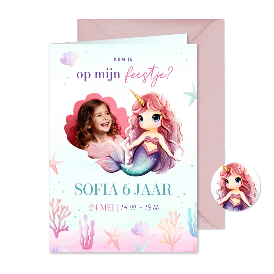 Kinderfeestje uitnodiging zeemeermin unicorn met foto - Kaartimpressie