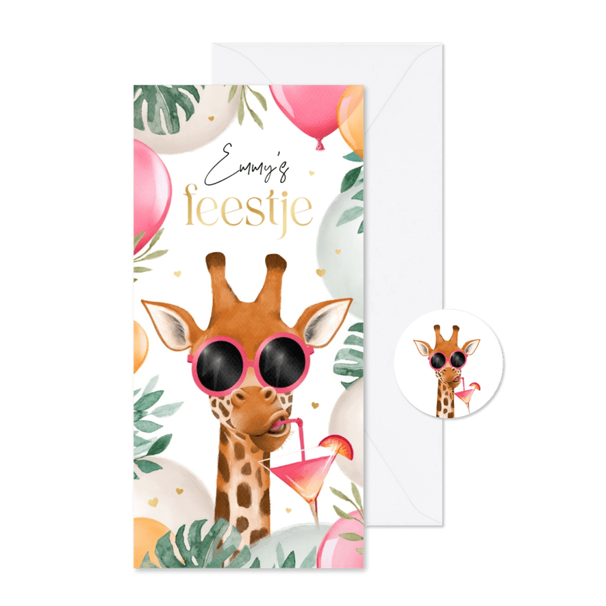 Kinderfeestje uitnodiging zomer giraf jungle ballonnen tuin - Kaartimpressie