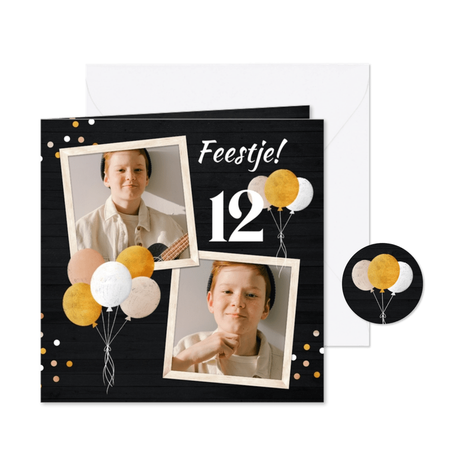 Kinderfeestje uitnodiging zwart hout met ballonnen goudlook - Kaartimpressie