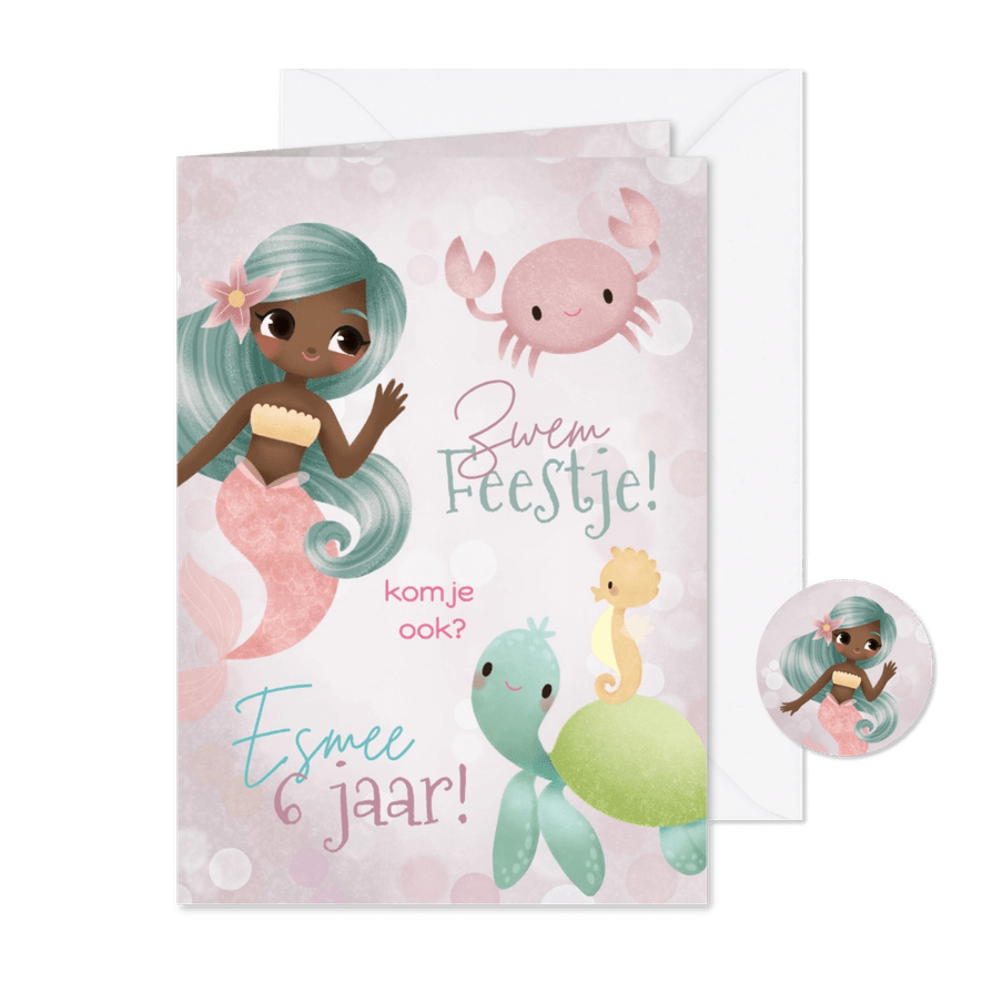 Kinderfeestje uitnodiging zwemfeest zeemeermin zeediertjes - Kaartimpressie