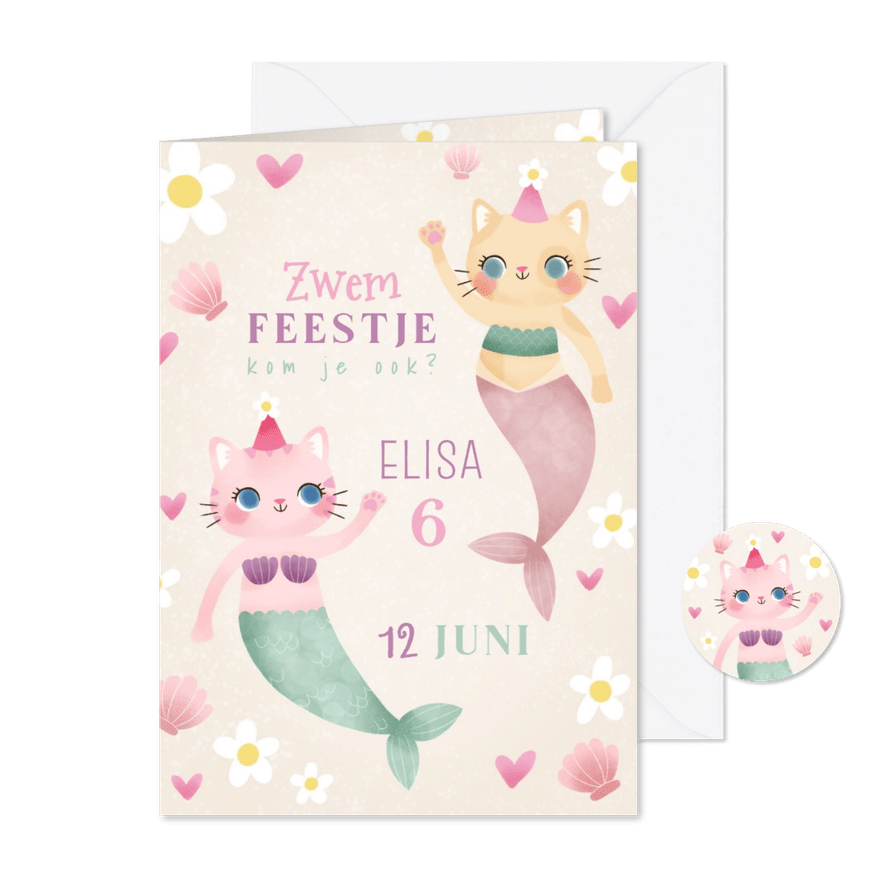 Kinderfeestje uitnodiging zwemfeestje katten zeemeerminnen - Kaartimpressie