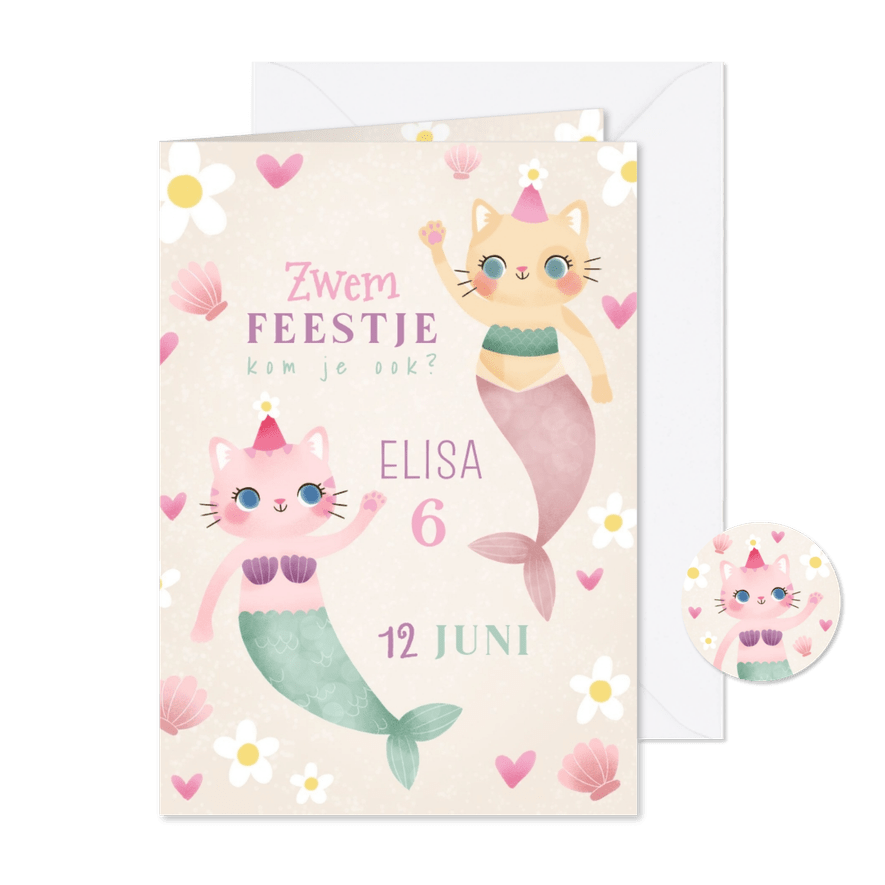 Kinderfeestje uitnodiging zwemfeestje katten zeemeerminnen - Kaartimpressie