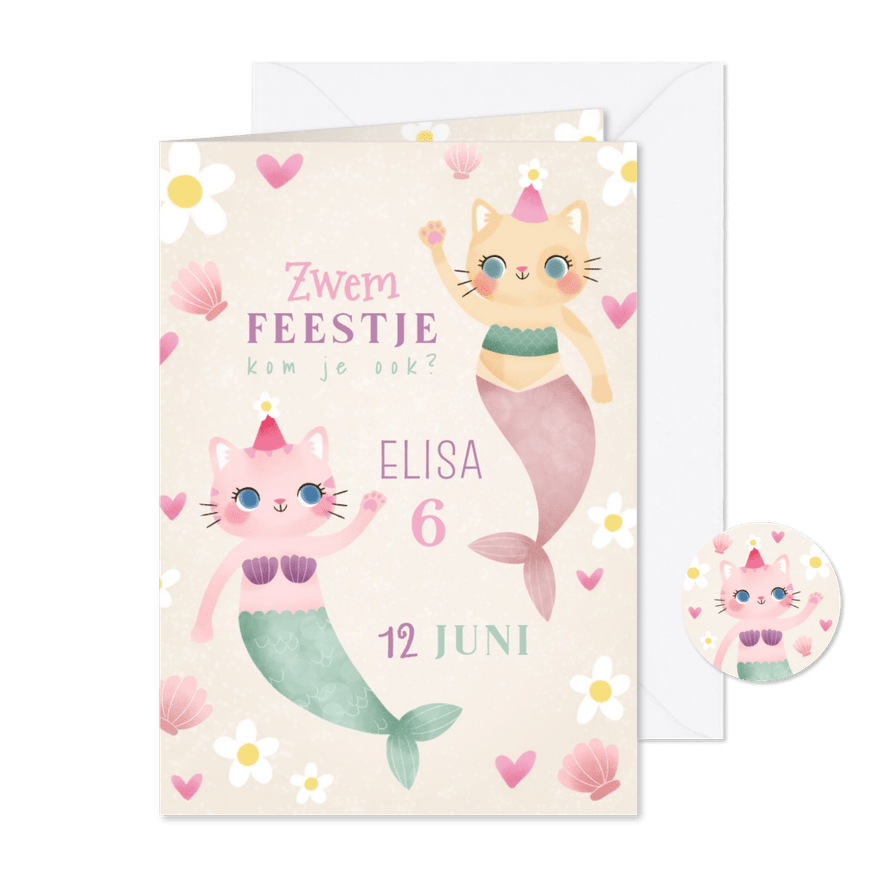 Kinderfeestje uitnodiging zwemfeestje katten zeemeerminnen - Kaartimpressie