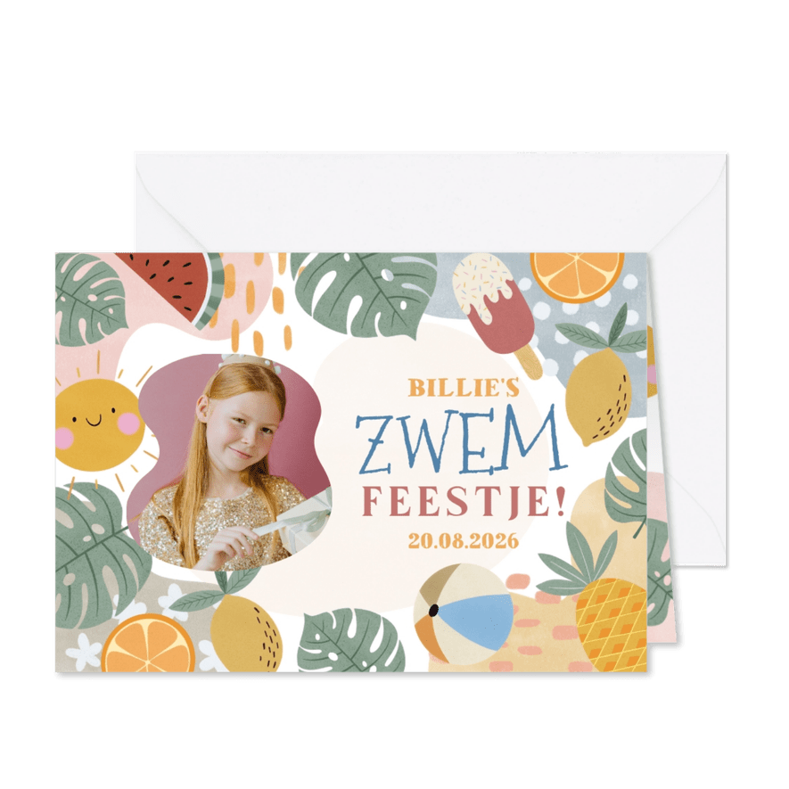 Kinderfeestje uitnodiging zwemfeestje tropisch met foto - Kaartimpressie