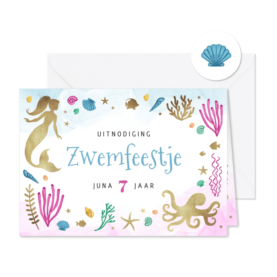 Kinderfeestje uitnodiging zwemfeestje zeemeermin goud water - Kaartimpressie