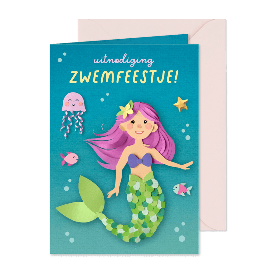 Kinderfeestje uitnodiging zwemfeestje zeemeermin - Kaartimpressie