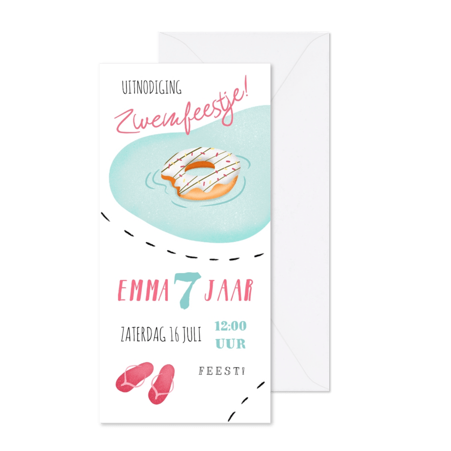 Kinderfeestje uitnodiging zwemmen donut slippers - Kaartimpressie