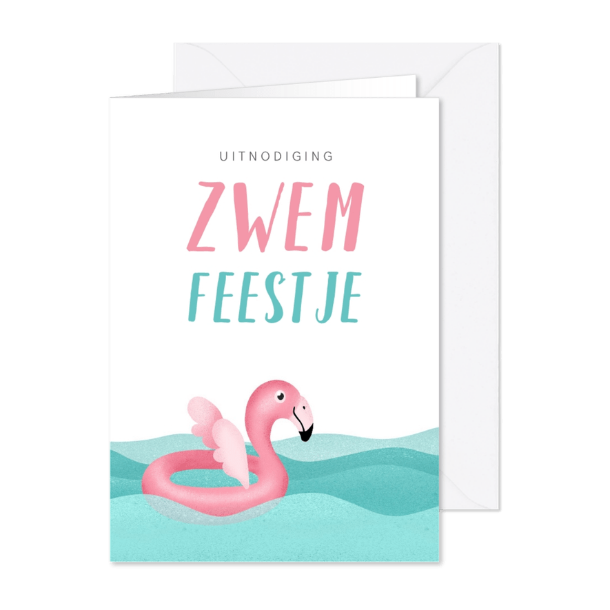 Kinderfeestje uitnodiging zwemmen flamingo water - Kaartimpressie