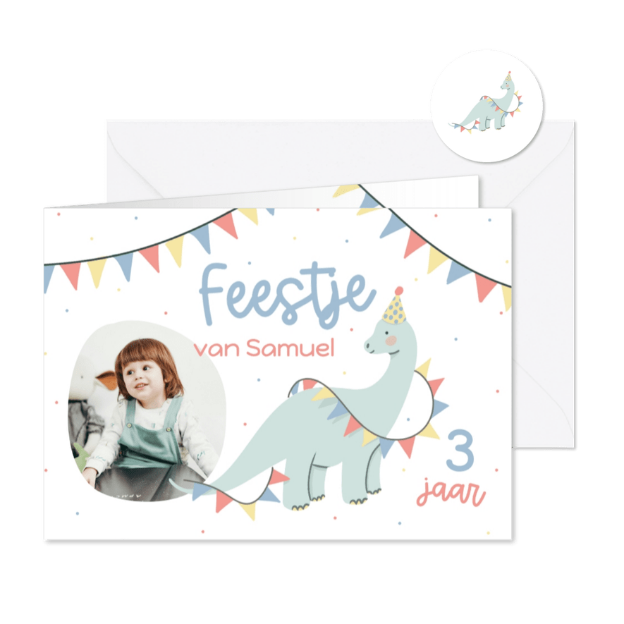 Kinderfeestje uitnodigingen dinosaurus met foto - Kaartimpressie