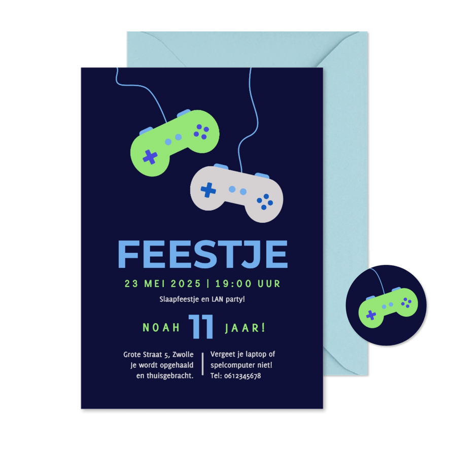 Kinderfeestje uitnodigingen game feestje met controllers - Kaartimpressie