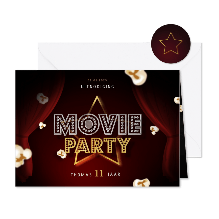 Kinderfeestje uitnodigingskaart bioscoop movie party popcorn - Kaartimpressie