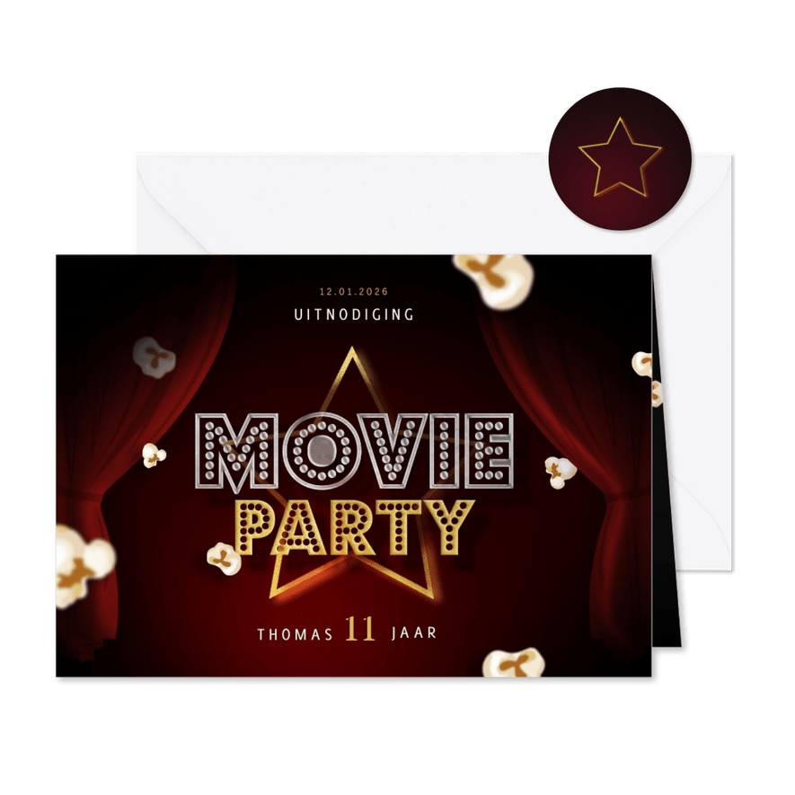 Kinderfeestje uitnodigingskaart bioscoop movie party popcorn - Kaartimpressie