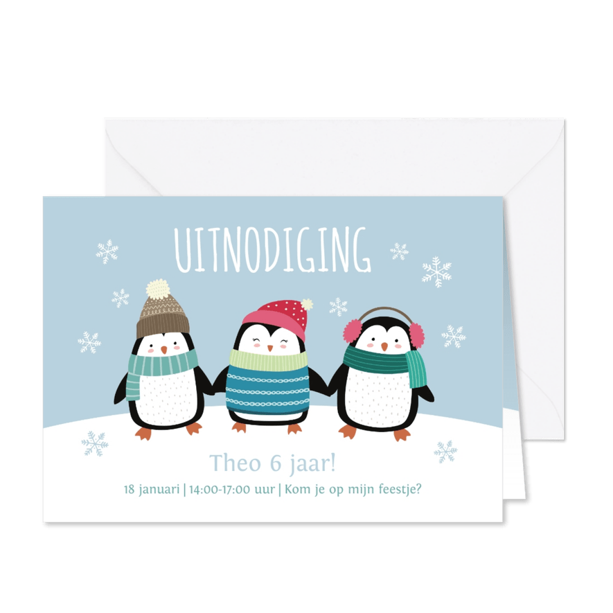 Kinderfeestje uitnodigingskaart pinguïns blauw - Kaartimpressie