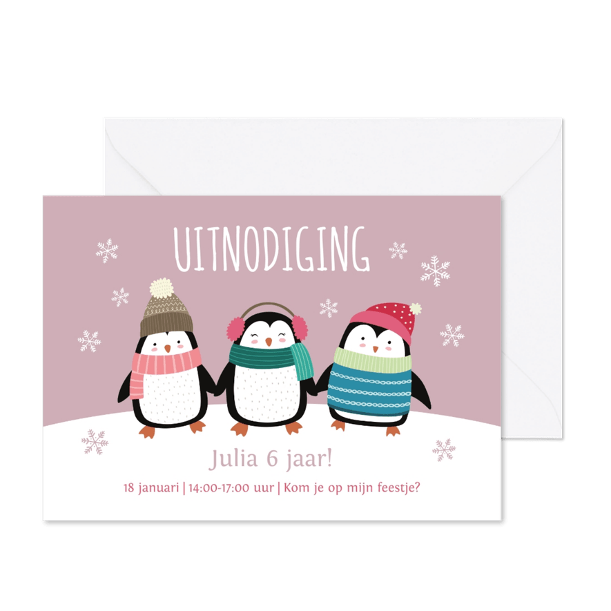 Kinderfeestje uitnodigingskaart pinguïns roze - Kaartimpressie