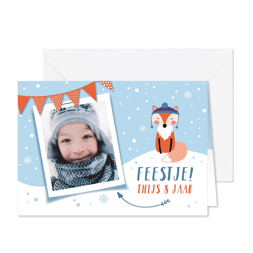 Kinderfeestje uitnodigingskaart winter vosje - Kaartimpressie