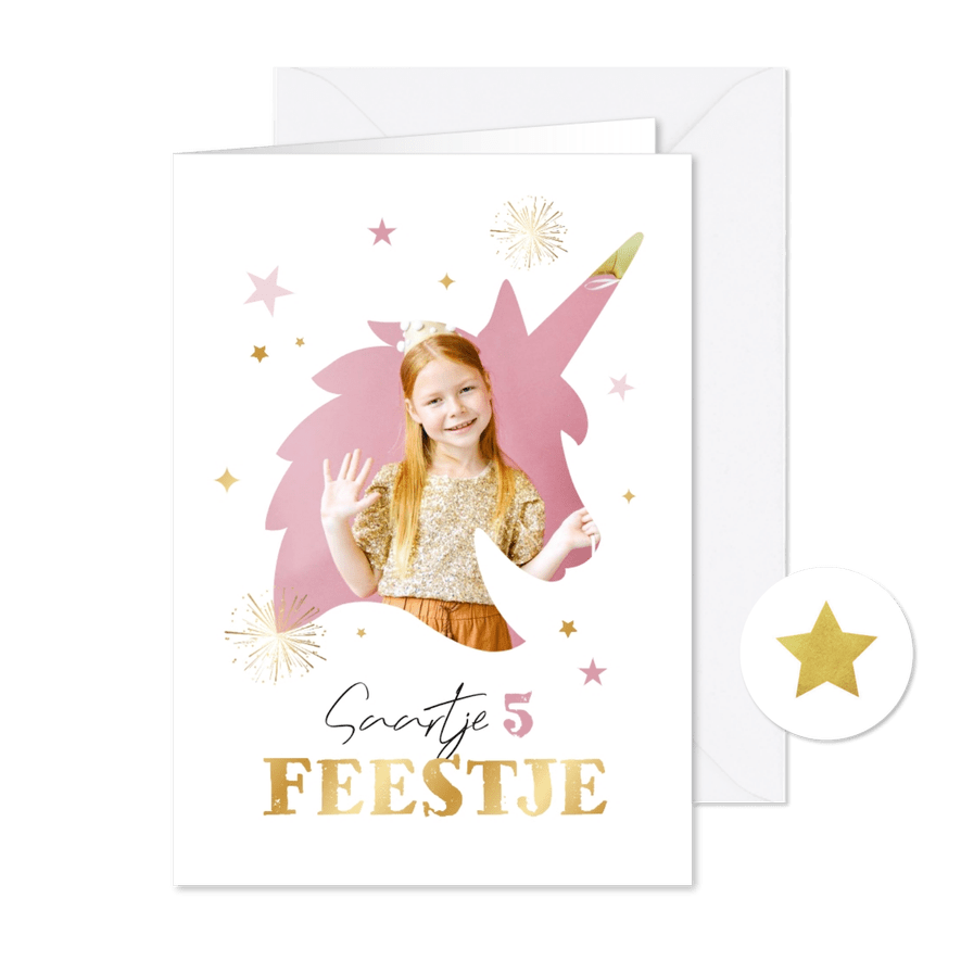 Kinderfeestje unicorn cupcake sterren goud foto - Kaartimpressie