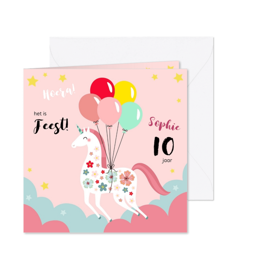 Kinderfeestje unicorn met bloemen en ballonnen uitnodiging - Kaartimpressie