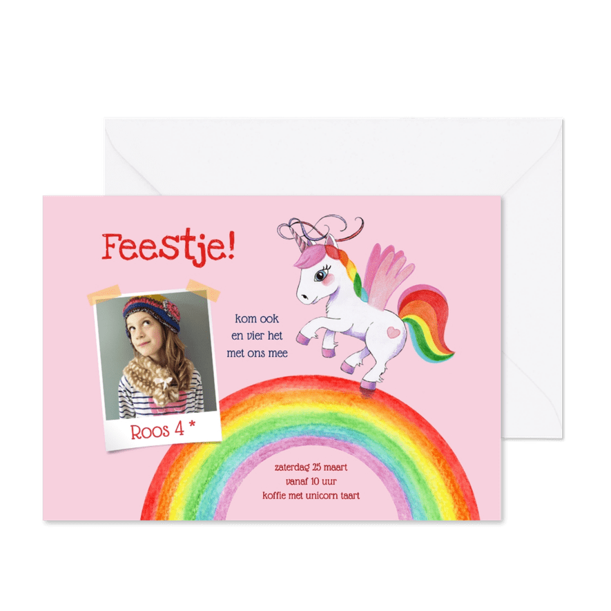 Kinderfeestje unicorn met regenboog - Kaartimpressie