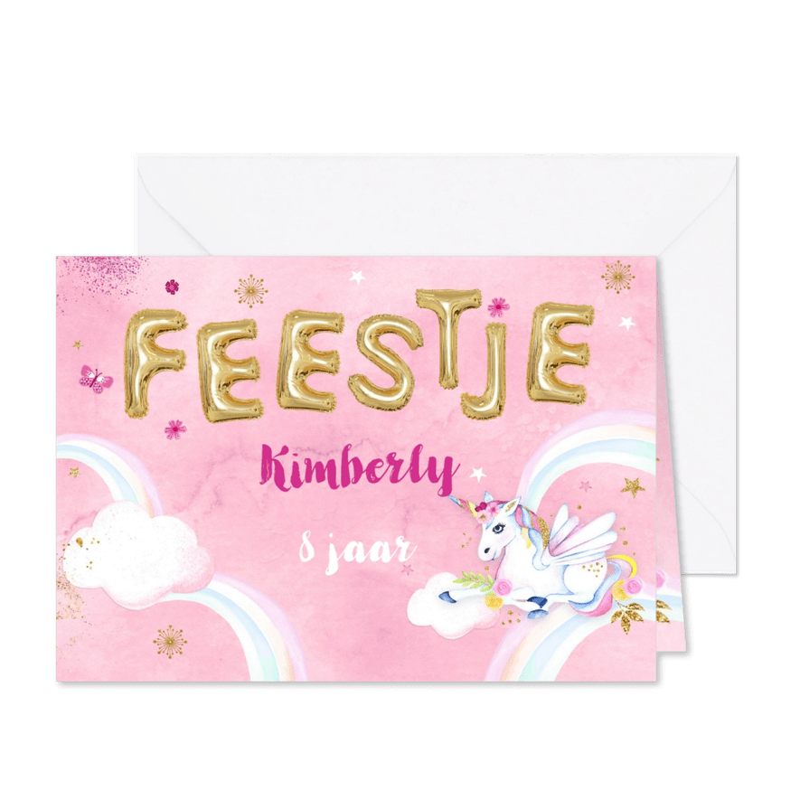 Kinderfeestje unicorn op wolkje - Kaartimpressie