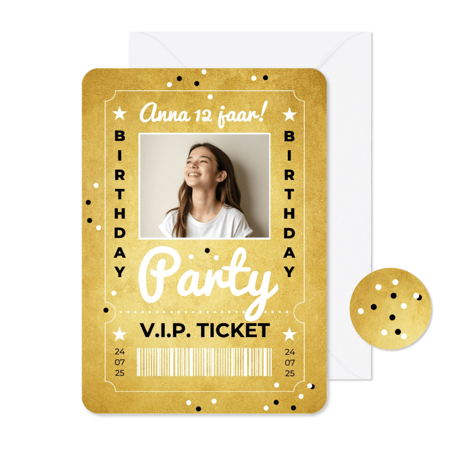 Kinderfeestje VIP ticket goud golden birthday party - Kaartimpressie