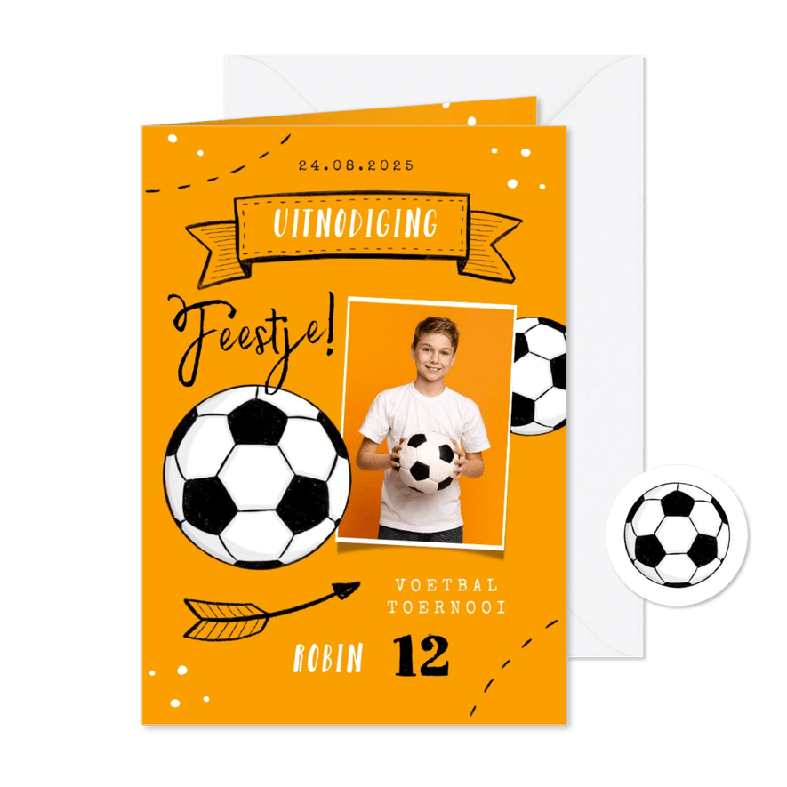 Kinderfeestje voetbal oranje foto doodle - Kaartimpressie